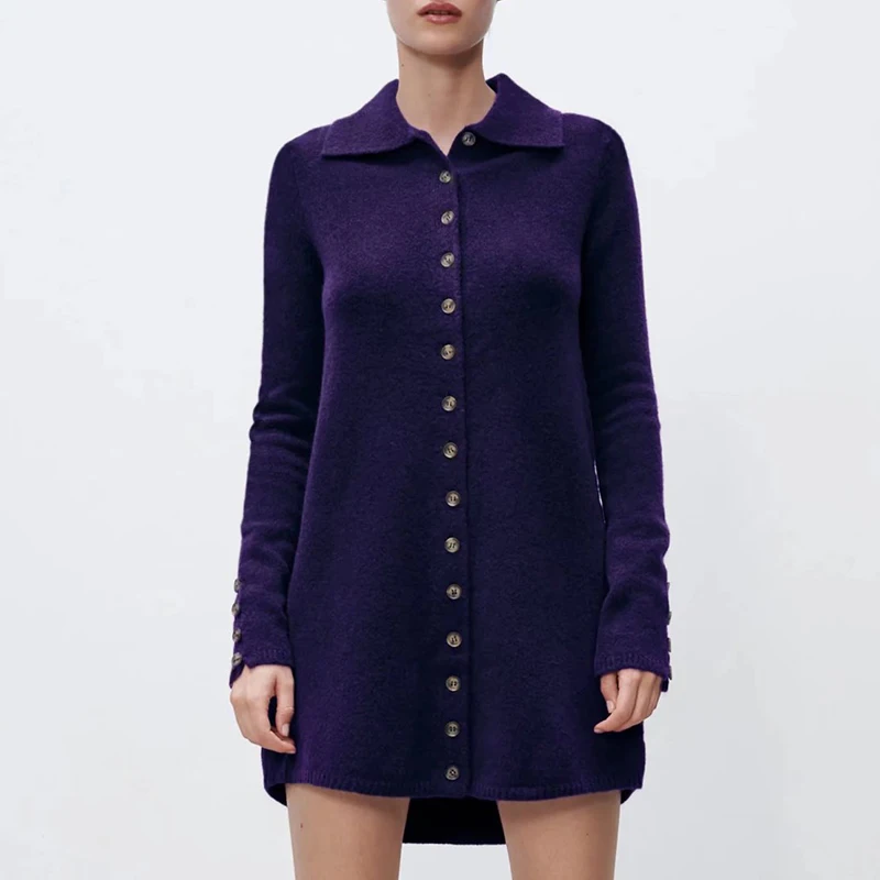 

WXWT Za Breasted Decorate Turn-down Collar Dresses Women Long Sleeve Knitted Dress 2022 Ladies Elegant Mini Dress YN3241