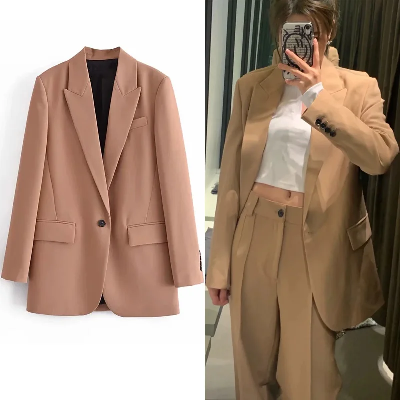 

Длинный блейзер Za женский, повседневный офисный пиджак в стиле оверсайз с длинным рукавом, на пуговицах и карманами, цвета хаки, весна-осень ...