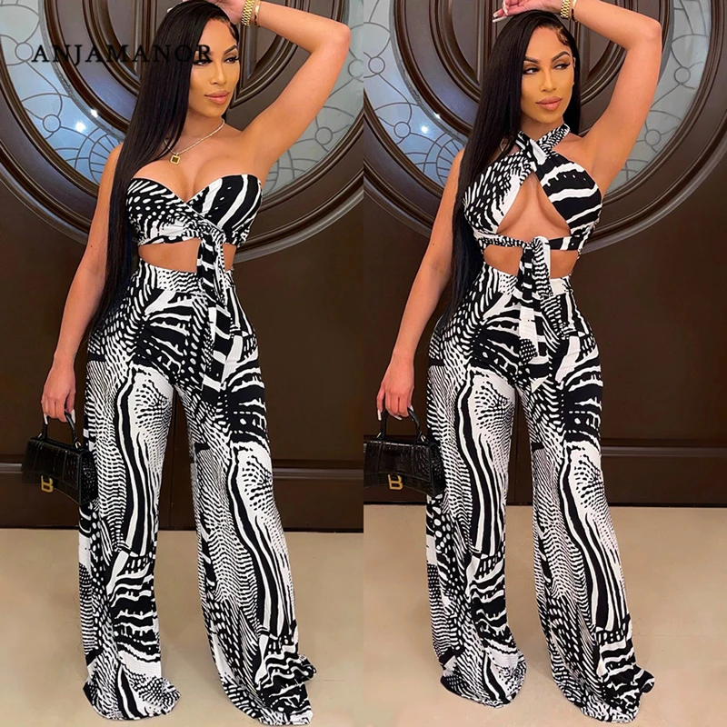 

ANJAMANOR Sexy 2 Piece Sets Multi Wrap Halter Crop Top and Matching Palazzo Pants Suits 2021 Summer Vacation Outfits D43-DC37