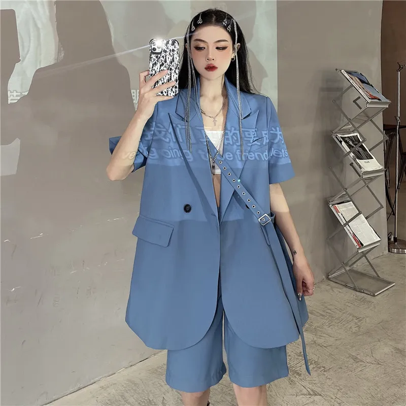 

Summer 2021 Korean Women Notched Collar Single Button Lacing Blue Blazers Loose Short Sleeve Casual Suit Jacket Female Outerwear