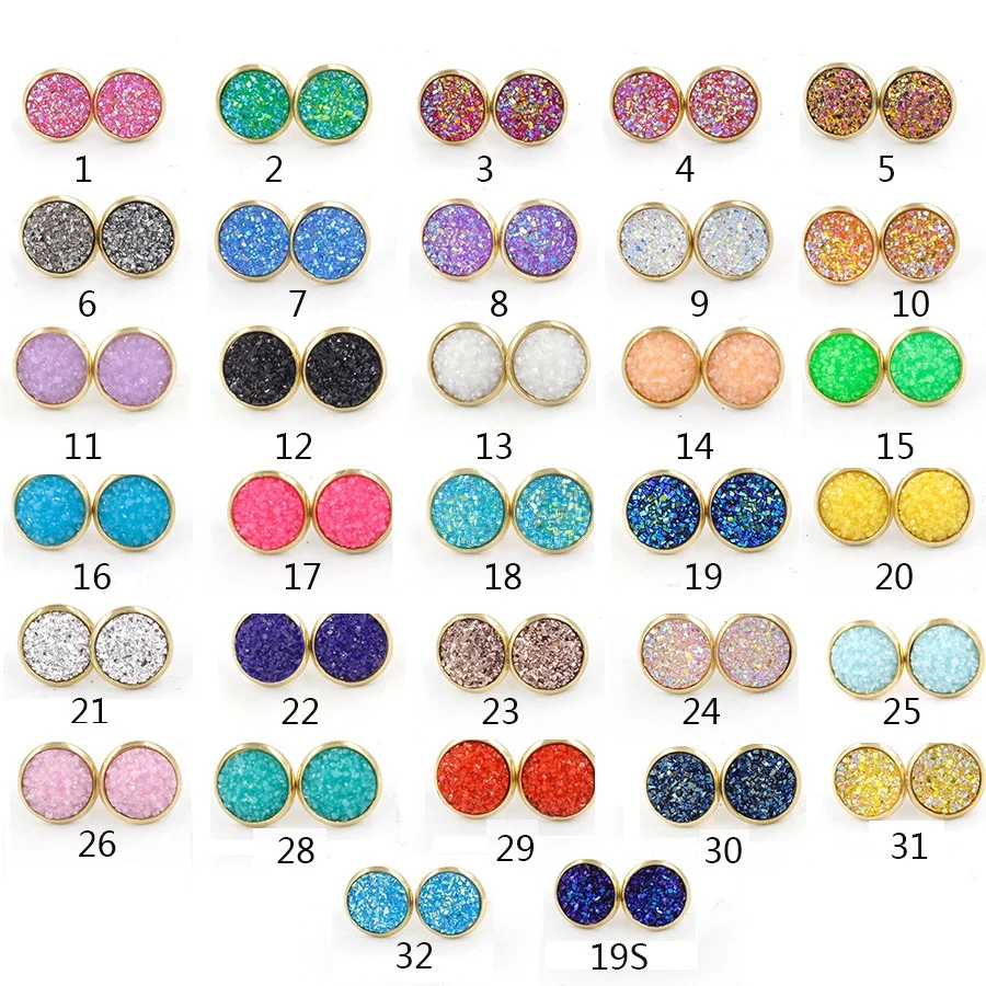 17 цветов 12мм Серьги Druzy Drusy Кабошон из смолы Золотые стальные штифты для женщин, мужчин, девочек. Подарок ювелирных изделий.