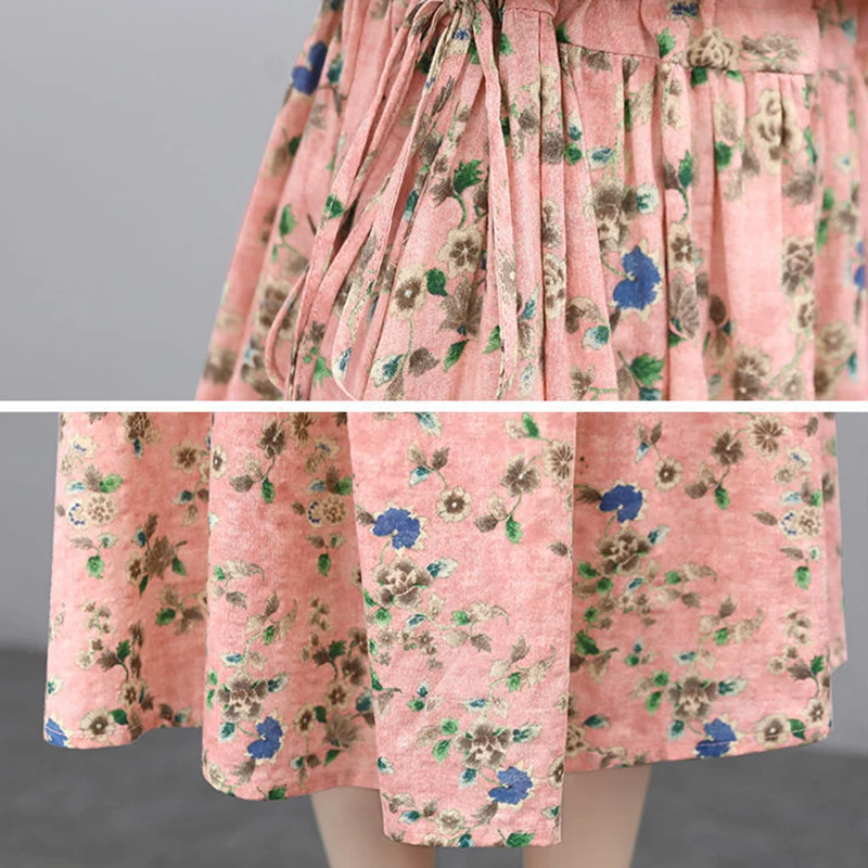 

Floral cotton and linen dress women 2021 new Waist waist was thin temperament skirt Long-sleeved retro popular women's skirt