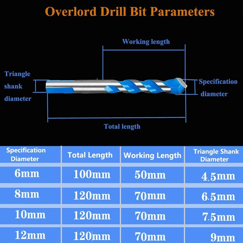 

5Pcs Triple-cornered Drill Bit Set Overlord Handle Multifunctional Punching Drill Bits Set with Tungsten Carbide Tip