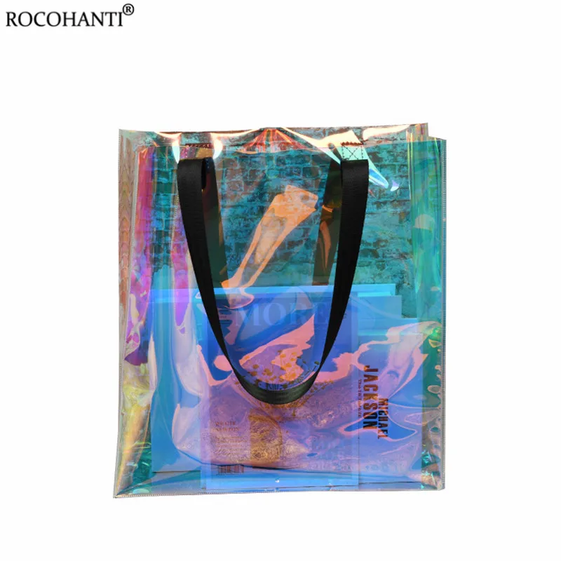 

Clear PVC Plastic Rainbow Hologram Shopping Tote Bag Gift Bags Fashion Design Transparent Holographic Handle Beach Bag