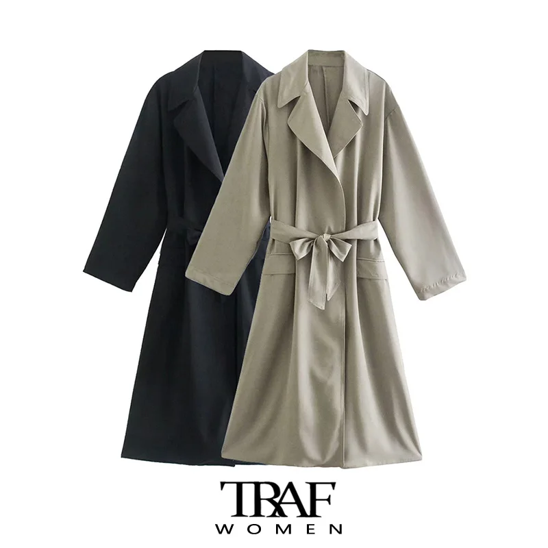 

Женский свободный тренчкот с поясом, длинным рукавом и карманами