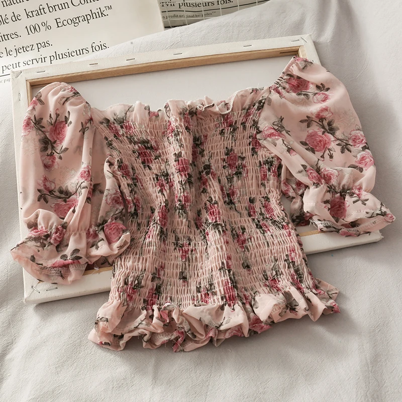 

Шикарная пляжная блузка в стиле бохо с оборками, короткая шифоновая блузка с цветочным принтом, Приталенный топ с оборками, лето 2021