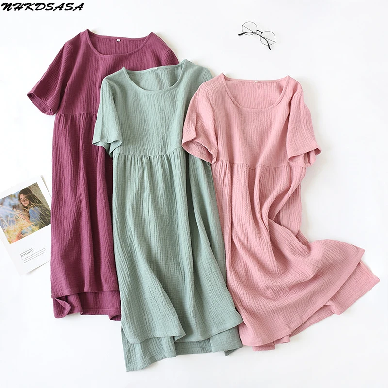

Summer Sleepwear 100% Cotton Crepe Short-sleeved Sleepshirts Plus Size Loose Nightgowns Women Night Gown Sexy Sleeping Dress