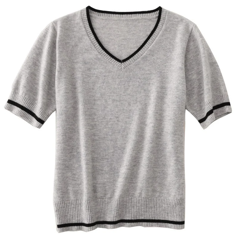 

Women's V Neck Short Solid Color Loose Bottoming Sweater 2021 Spring Summer New Pullover Short-sleeved T-shirts Female Elegant
