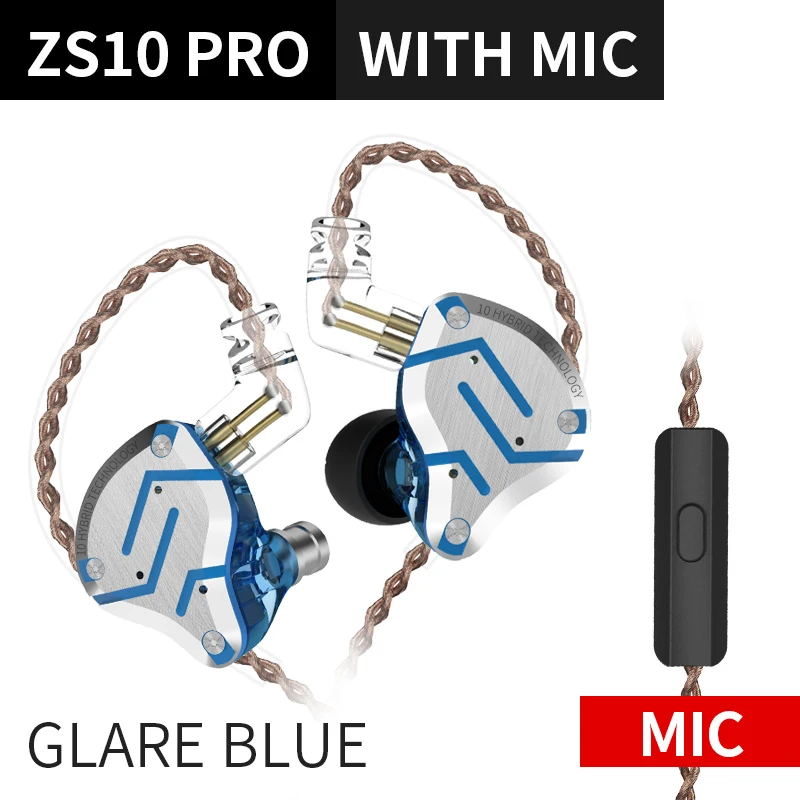 Glare blue with mic Плотным верхним ворсом KZ ZS10 PRO металлической дужкой, 4BA+ 1DD Гибридный 10 единиц Hi-Fi бас наушники в ухо мониторные наушники для AS10 ZS10 ZST C10 - Цвет: Glare blue with mic