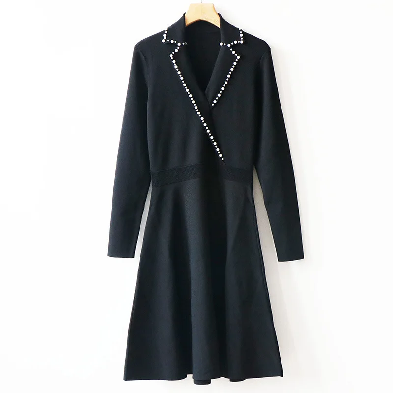 

Fadan s family autumn and winter pearl small fragrance Lapel long sleeve V-neck temperament show thin knitted dress women's