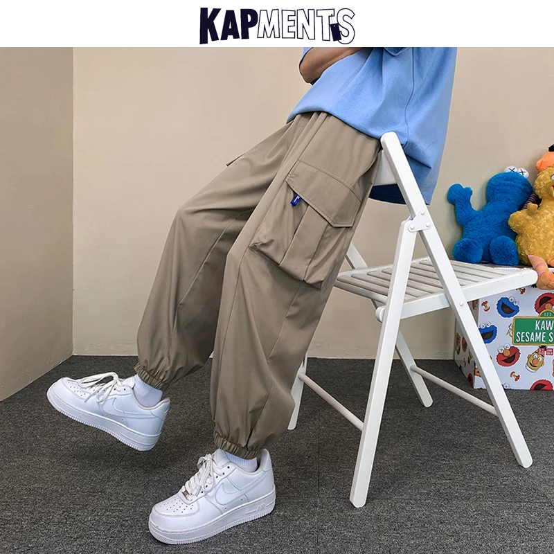

KAPMENTS Men Solid Causal Cargo Harajuku Pants 2022 Mens Baggy Wide Leg Straight Sweatpants Male Streetwear Vintage Kpop Pants