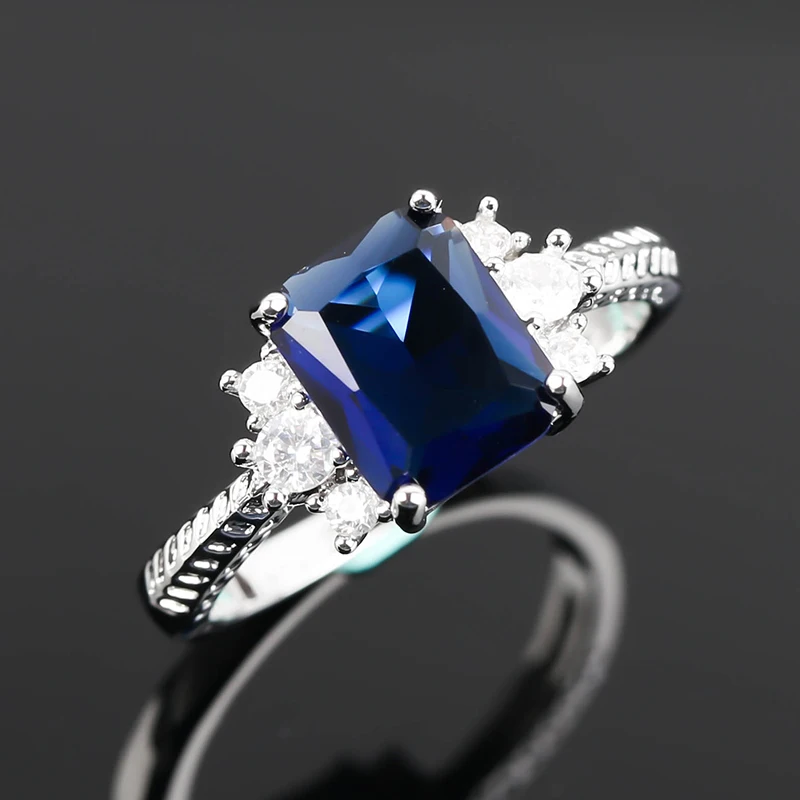 

Fashion Blue Crystal Zircon Rings for Women Square Luxury Jewelry Couple Wedding Mens Gift Ladies Wholesale K052