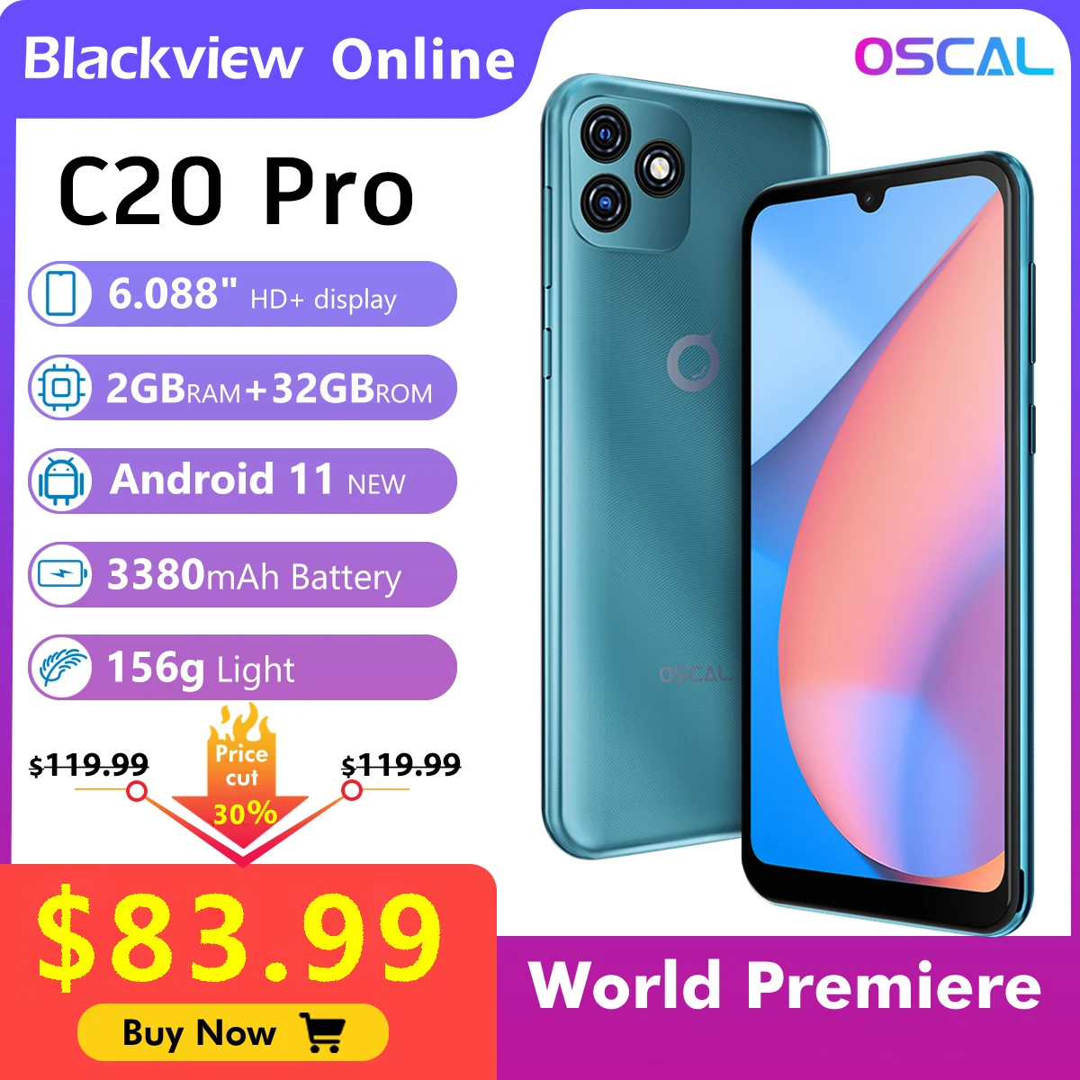 Смартфон Blackview OSCAL C20 Pro на Android 11, восемь ядер, экран 6,088 дюйма, 2 ГБ + 32 ГБ