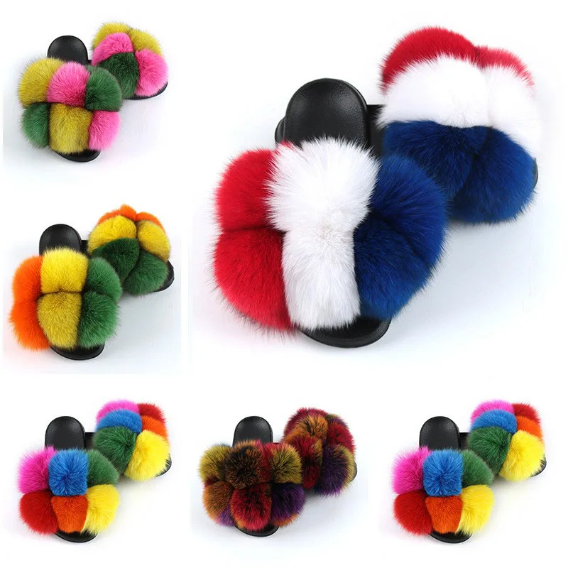 

Hot Summer Women'S Fox Fur Ball Slippers Real Fur Slippers Women's Indoor Slippers Casual Fox Fur Sandals Fluffy Plush Shoes