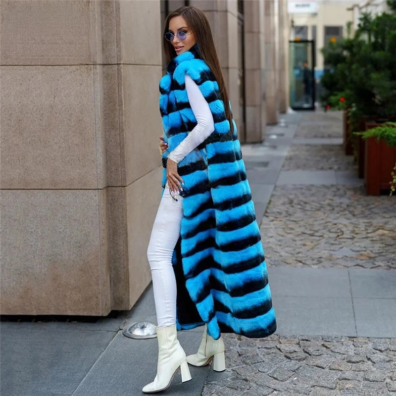 

Female Blue Chinchilla Color Rex Rabbit Fur Vests Woman 120cm Long Real Rex Rabbit Fur Vest Women Fashion Winter Luxury Overcoat
