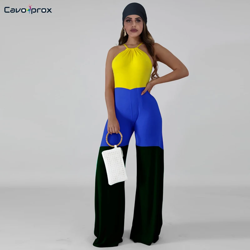 Women Color Block Halter Wide Leg Bodycon Sleeveless Jumpsuits with Hats Casual Plus Size Fashion New Trends | Женская одежда