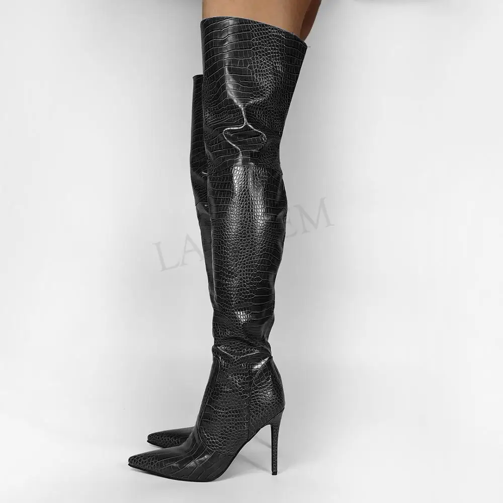 Женские сапоги до бедра на высоком каблуке-шпильке с боковой молнией большие