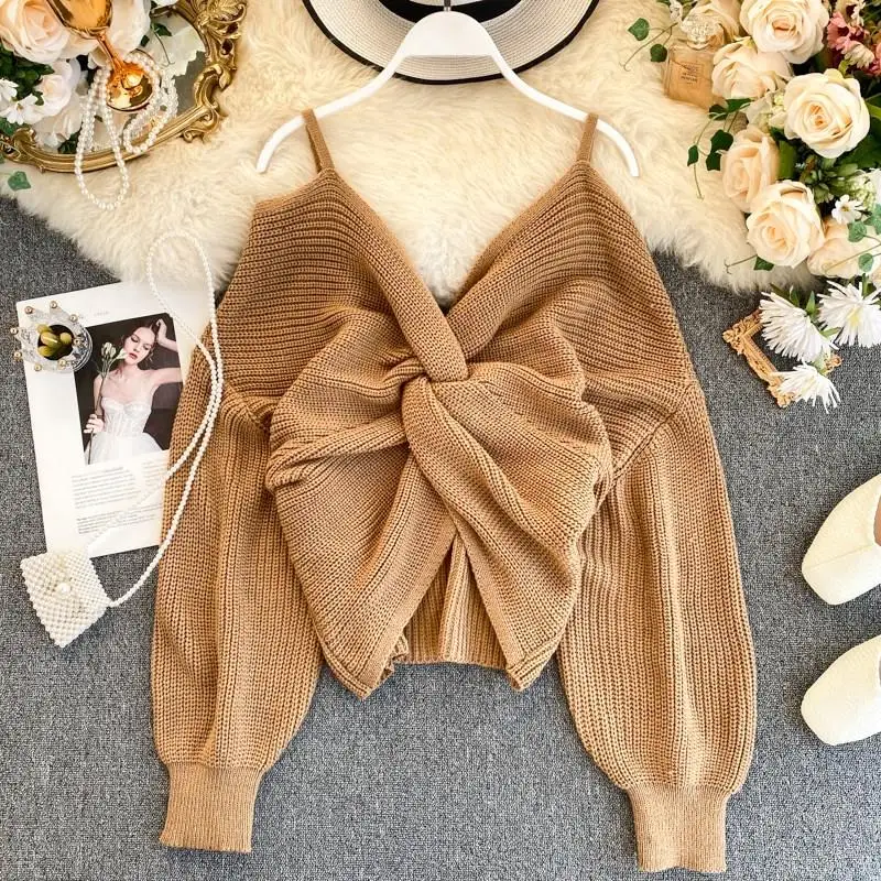 Женский бандажный свитер с открытыми плечами осенне-зимний вязаный пуловеры