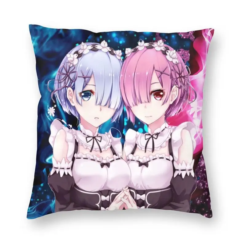 

Rem And Ram Anime Re Zero Cushion Covers Sofa Home Decorative Starting Life in Another World Square Pillow Case 45x45