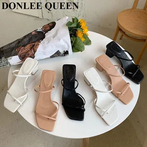 Шлепанцы женские на низком каблуке, шлепанцы на квадратном каблуке, брендовые узкие шлепанцы, шлепанцы больших размеров 41, лето 2021