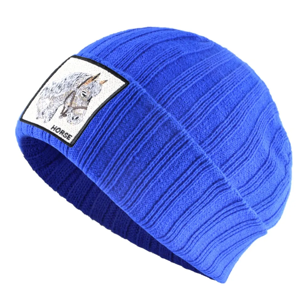 Зимняя мужская вязаная шапка куполообразная одноцветная кость унисекс Повседневные вязаные шерстяные шапки для женщин вышивка Лошадь Шляпа тюбитейка для мужчин