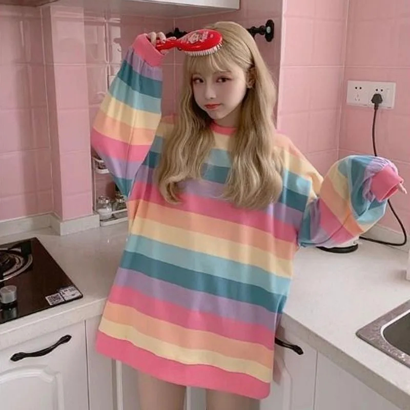 

Футболка женская оверсайз в радужную полоску, милая рубашка из мягкого хлопка в японском стиле Харадзюку, Модный свитшот для девушек