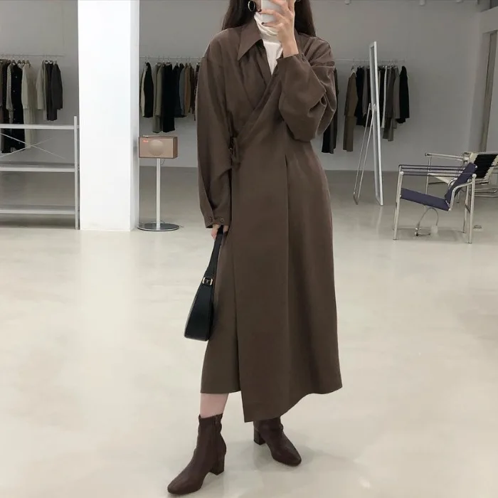 

Korean Ins Simple Elegance Retro Peter Pan Collar High Waist Lace-up Slimming Lazy Lantern Sleeve over-the-Knee Dress for Women