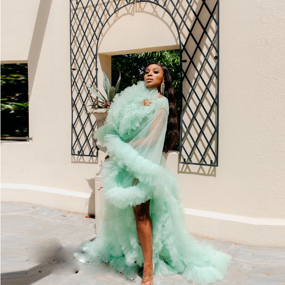 

Mint Green Maternity Tulle Dresses Women Puffy Long Sleeves Tulle Robes Formal Birthday Robes Photo Shoot See Through Robe