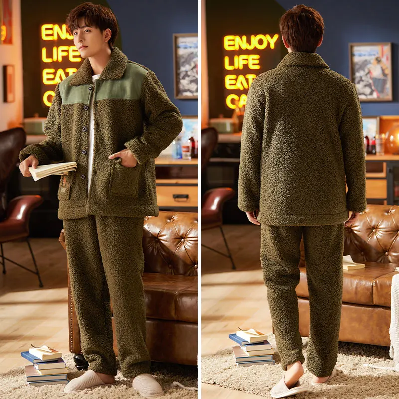 Winter Men's Winter Coral Flannel Personalized Fashion Turn-down Colar Homewear Pajamas Set