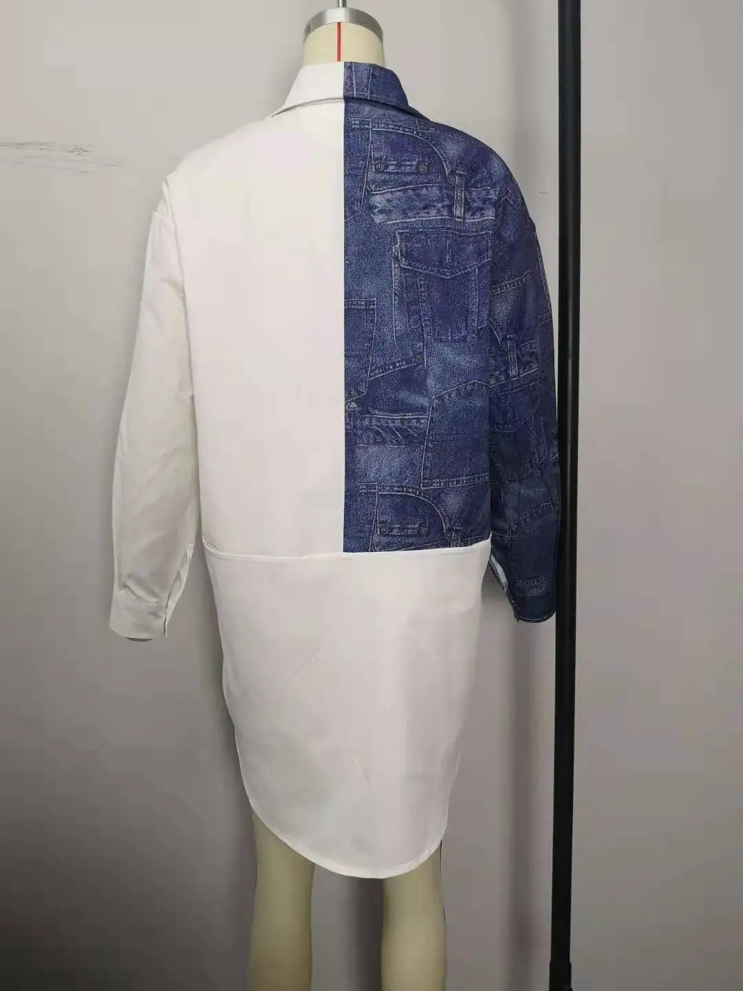 

2021 Fashion Design Plaid Contrast Color Long Shirt Lapel Full Loose Denim Elements Woman Streetwear Personality Shirt Skirt