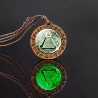 all seeing eye luminous wooden necklace eye of providence wood carved pendant vintage ropechain necklace pyramid glowing jewelry