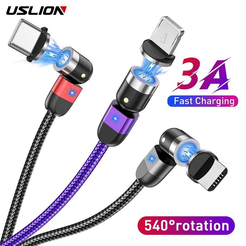 Магнитный кабель USLION 540 ° Micro USB Type C 3A для быстрой зарядки телефона зарядный Шнур
