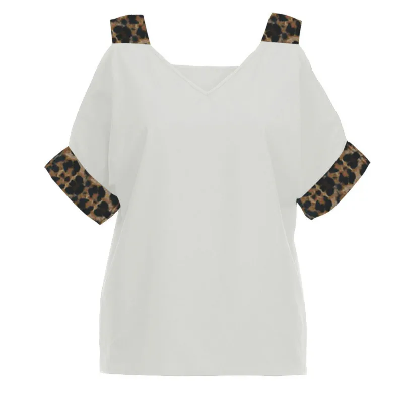 

Women's Shirts Summer Fashion Patchwork Leopard Top Strapless V-Neck Half Sleeves Lady Clothing Streetwear Solid Women Tops