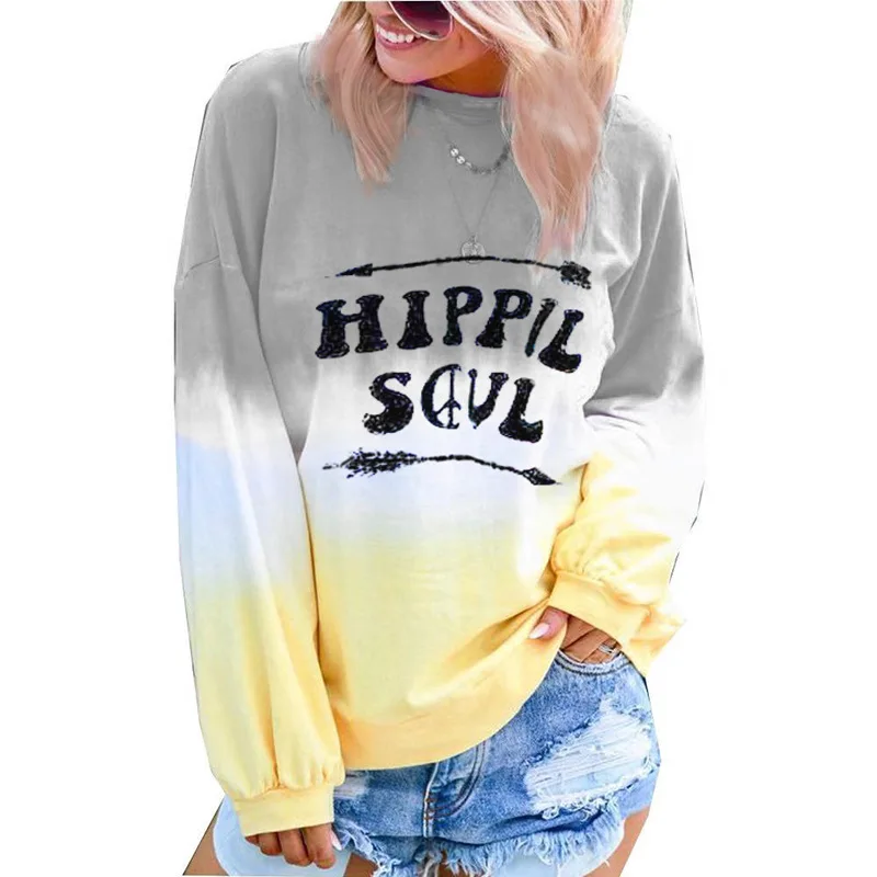 Print Gray ELSVIOS 5XL, женские толстовки, свитшоты, осень, сексуальный градиентный принт, длинный рукав, пуловер, на каждый день, о-образный вырез, пэчворк, размера плюс, Топ - Цвет: Print Gray