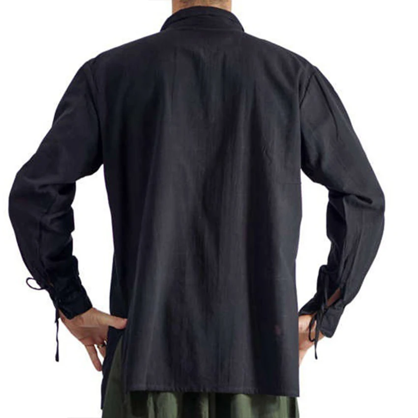 

Men Medieval Costume Solid Renaissance Pirate Tops Lacing Up Stand Collar Bandage Shirt For Men Cos Clothes Halloween Party Shir
