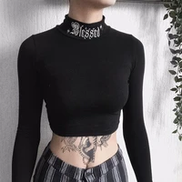 long sleeve crop tops women chic design high collar embroidery streetwear t shirt short skinny exposed navel tee female punk top