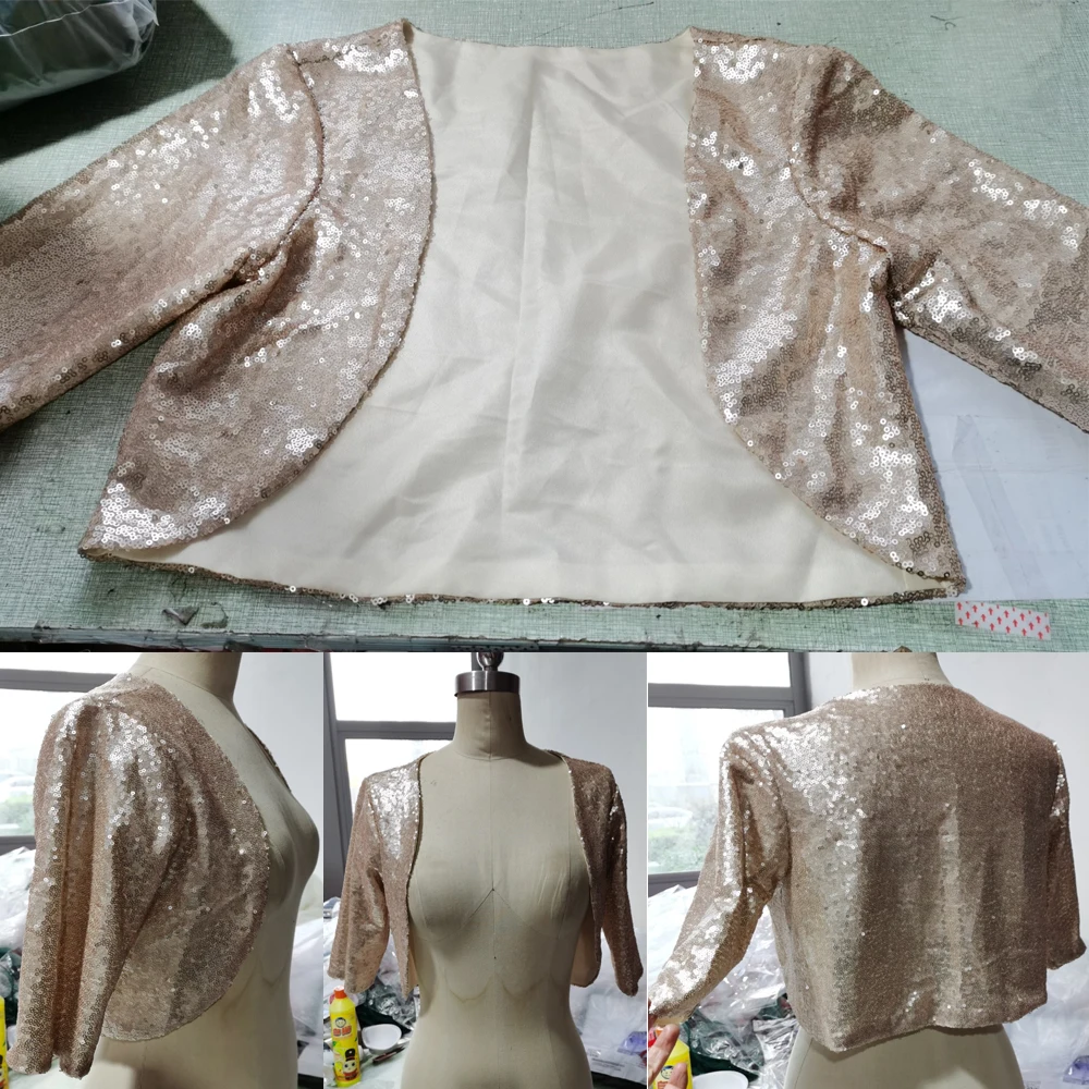 3/4 Long Sleeve wedding jacket Light Gold Sequined bolero jackets for Prom Party Coat Bridal Jacket Custom Made