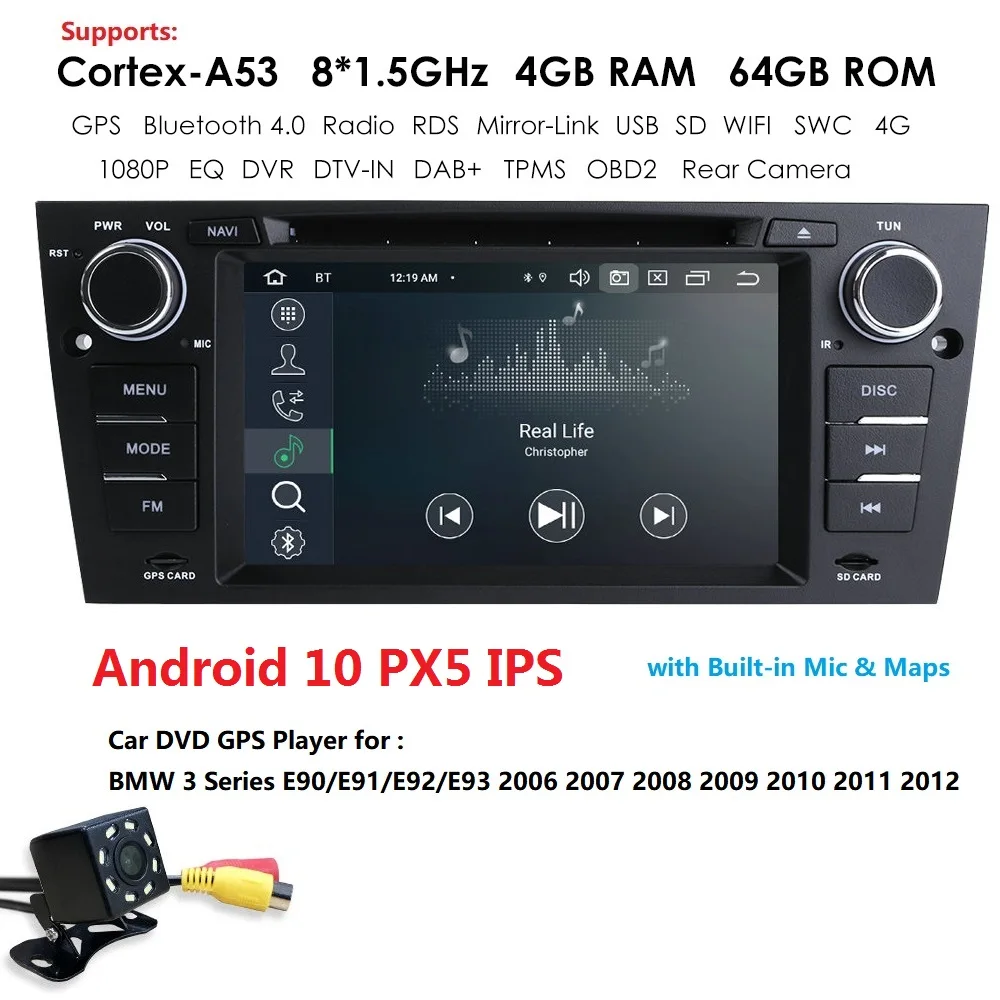 DSP IPS Android 10 4G 64GB Автомобильный DVD плеер GPS радио для BMW E90 E91 E92 E93 M3 330i 320i 325i 328 Cam IN FM AM RDS