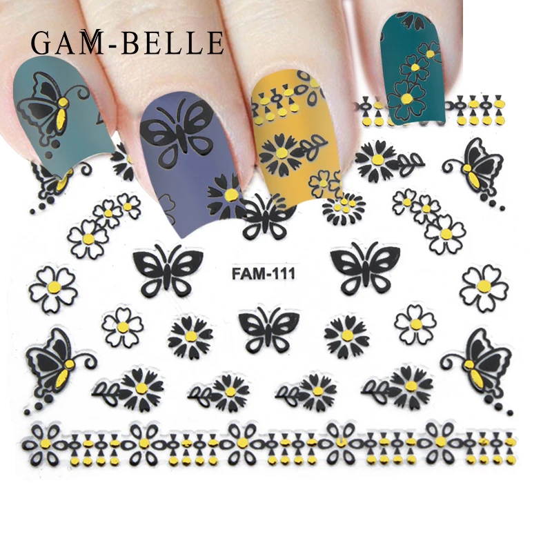 3d стикер для ногтей GAM BELL слайдеры в виде черных золотых листов осенний дизайн