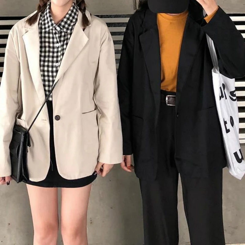 

Blazers Women Solid Loose Spring Newest Fashion Minimalist Retro Feminino Outerwear Ulzzang Pockets All-match Leisure Coats Chic