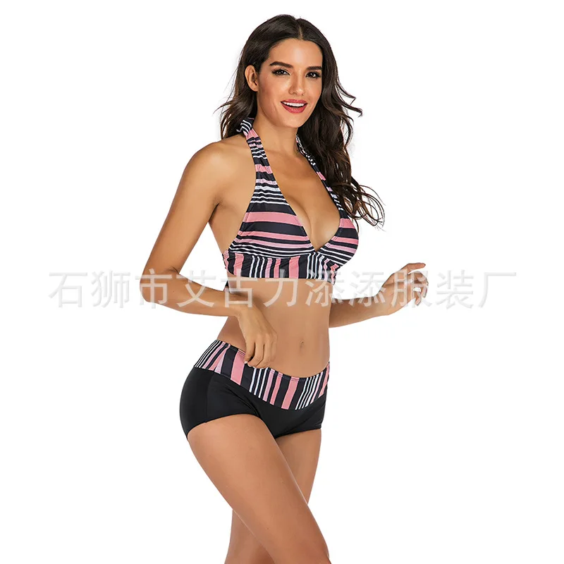 Сексуальный полосатый купальник бикини с принтом женский v образным вырезом и