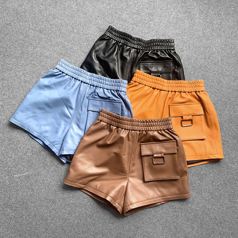 

Pantalones Verano Mujer Sheepskin Elastic Waist Metal Decorative Pocket Casual Shorts Bermuda Femme Genuine Leather Hot Pants