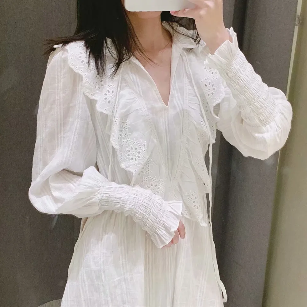 

Summer Clothes Women 2021 Casual Hollow Embroidery Long Sleeve High Waist White Dress Female