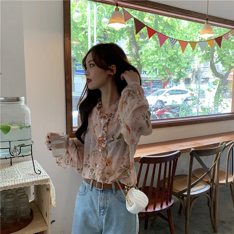 Женская Корейская шифоновая рубашка Harajuku с цветочным рукавом Женские рубашки