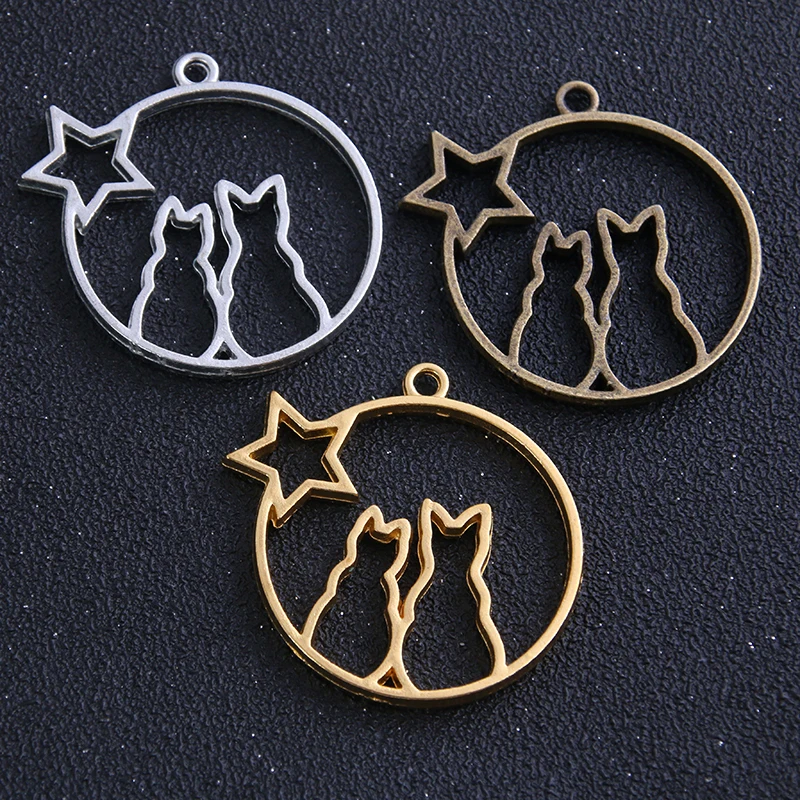 

2pcs/lot 43*44mm Metal Zinc Three Colors Cute Cat Charm Stars Pendant Blank Tray Bezel Diy Jewelry Making