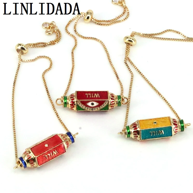 

6Pcs, Fashion Enamel Eye Hexagon Connector CZ Charms Bead for Women gold color adjustable Chain Jewelry gifts