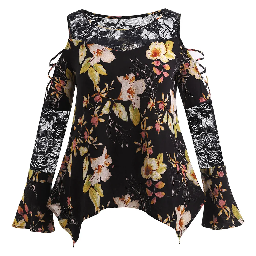 ROSEGAL Плюс Размер Женская кружевная панель цветочный принт футболка с