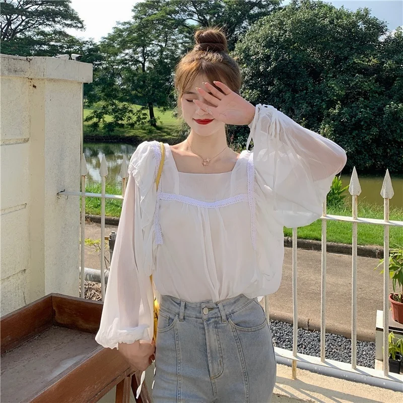 

Harajpoo Women Blouses Sweet Japanese Chic Female 2021 Summer College Style Design Sense Ruffled Square Collar Long Sleeve Tops