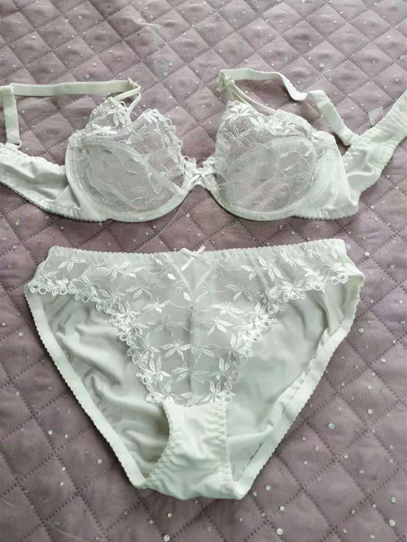 

Lace Lingerie Bra-Set Ultra-thin Women Embroidery Sexy Transparent Hollow Bra Set Plus Size 95C 95D Women's Underwear Panties