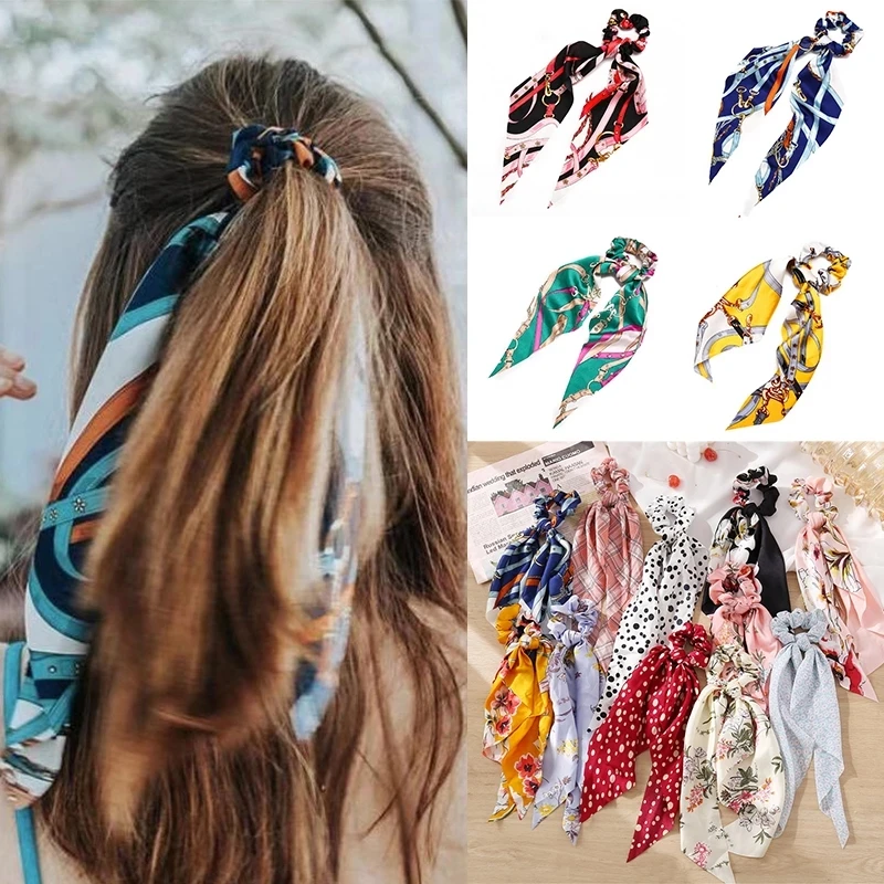

Fashion Floral Print Scrunchies Solid Long Hair Ribbon For Women Ponytail Scarf Sweet Elastic Hair Band Hair Accessories